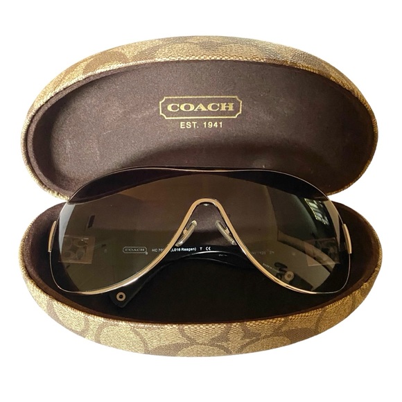 COACH Aviator Shield Sunglasses NWOT in Black & Silver w/Rhinestone Logo Detail - Picture 2 of 14